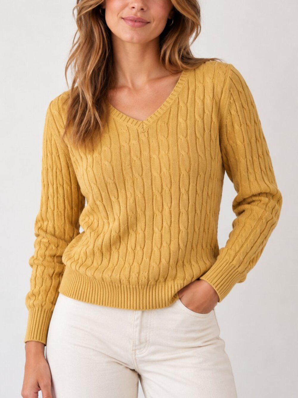 St John's Bay Cable Knit Sweater Large Mustard Yellow Cotton V Neck Pullover